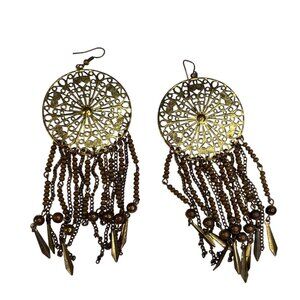 Vintage Gold Filigree Dreamcatcher Dangle Earrings With Bead & Chain Fringe A250